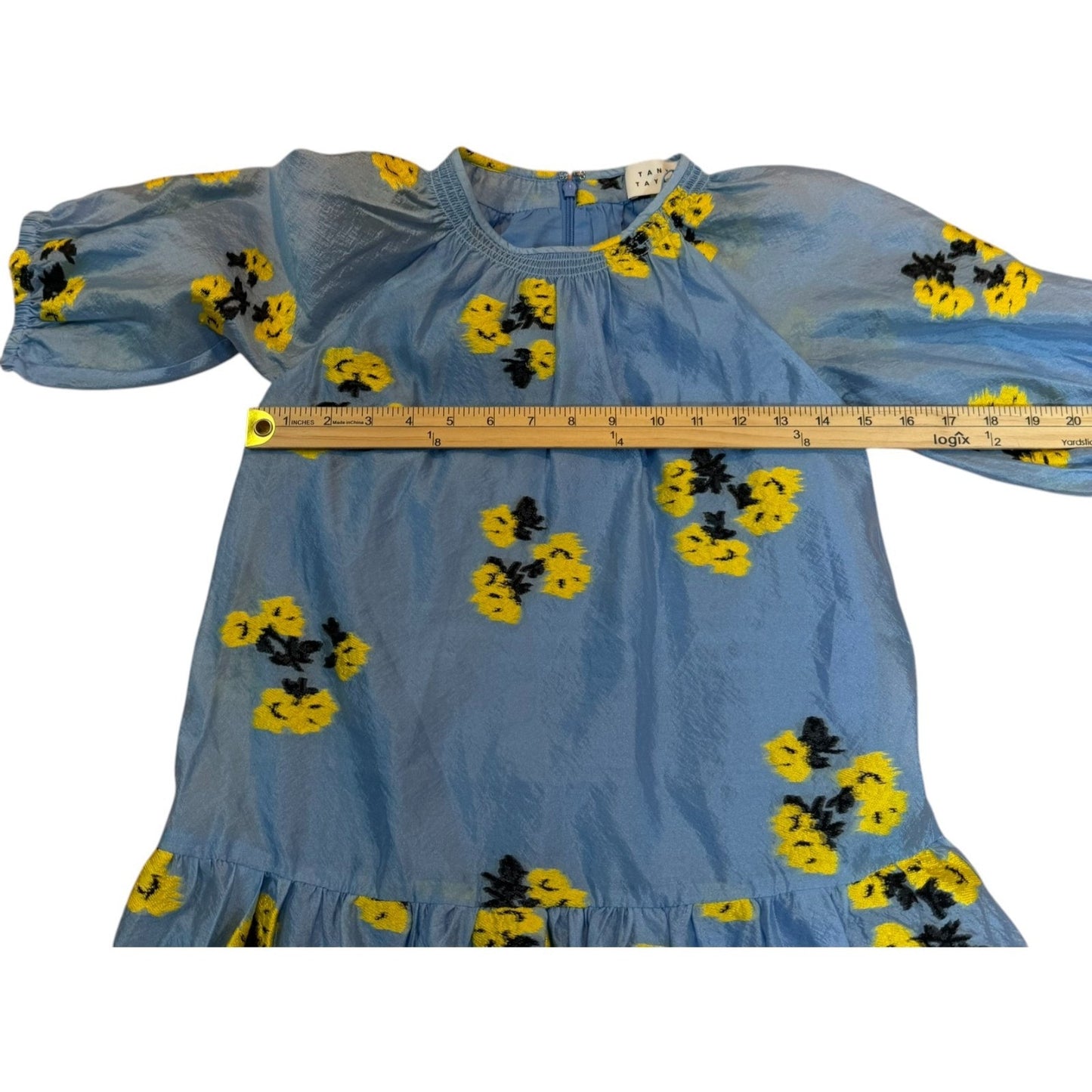 Girls Blue Chiffon Dress Size M Yellow Black Floral Lined Puff Sleeve NWT Women's