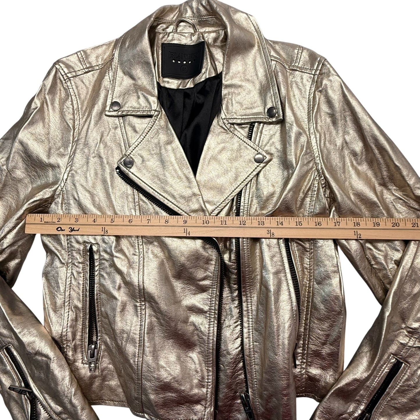 BlankNYC Women’s Medium Metallic Gold Moto Biker Leather Jacket Zip Pockets