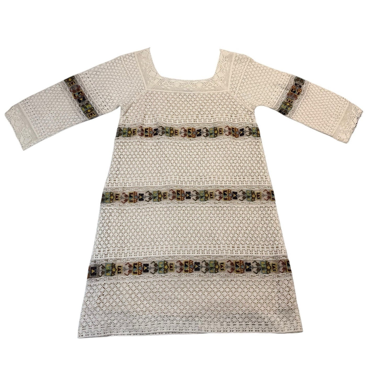 Y2K Calypso Boho Crochet Lace Mini Dress Ivory Embroidered Resort Shift S Women's