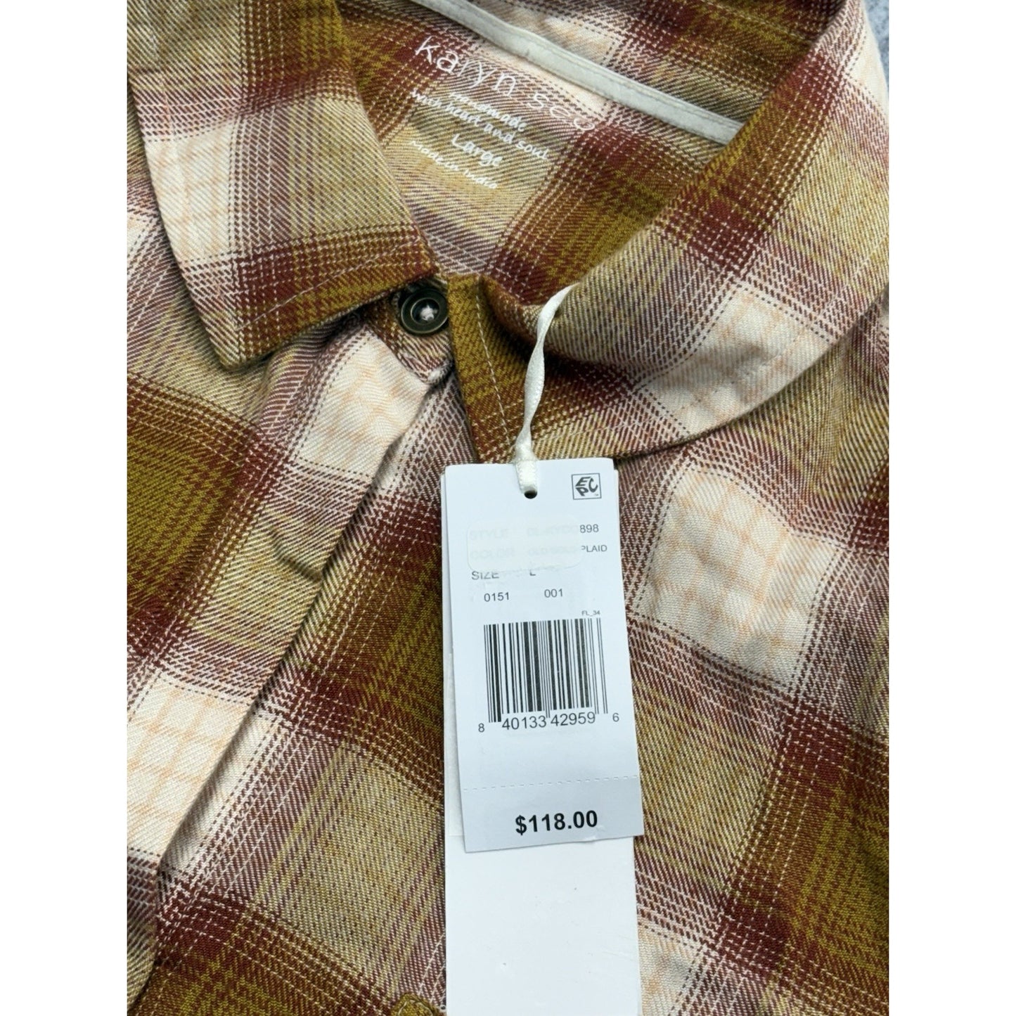 Karyn Seo Old Gold Plaid Hand Made Size Large - NWT Women's Button-Up