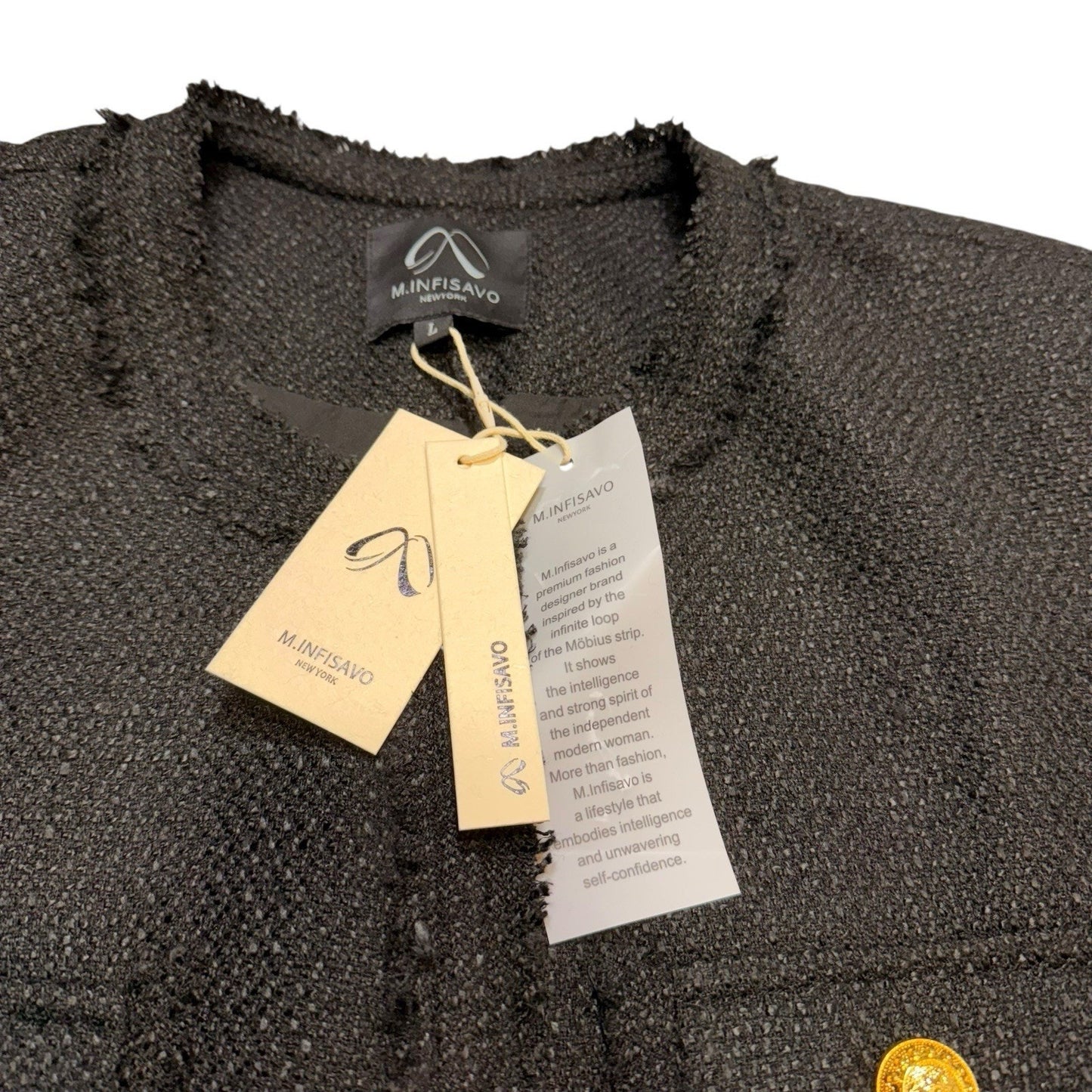NWT M. Infisavo New York Women’s Black Blazer Size L Gold Button Tweed Jacket