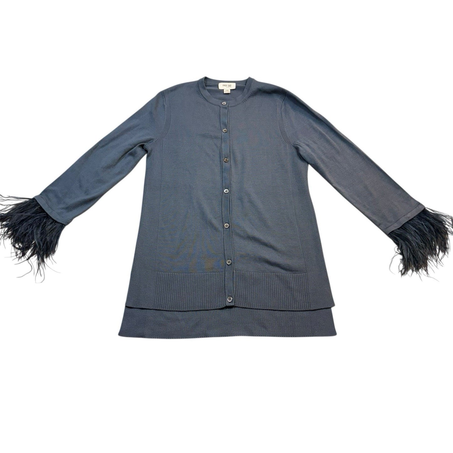 Per Se by Carlisle Silk Blend Cardigan Sweater XS Blue Gray Feather Cuff Trim Women's
