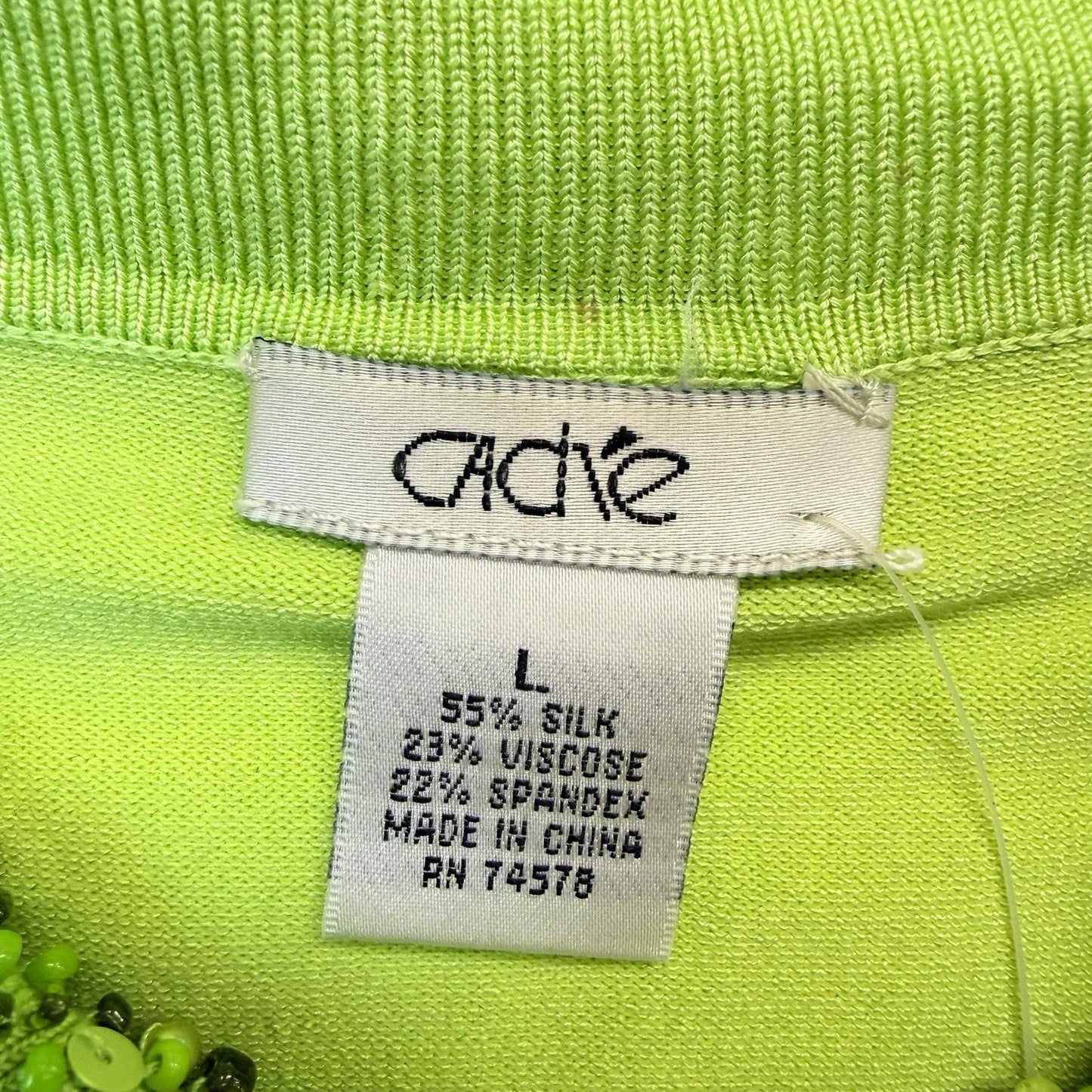 Cache Y2K Lime Silk Blend Beaded Zip Cardigan Sweater L Women's