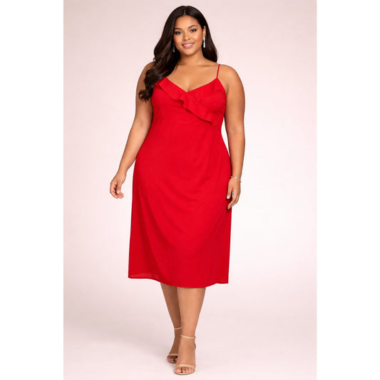 Women's DB Studio Red Midi Dress 26W Plus Ruffle V-Neck Spaghetti Strap NWT