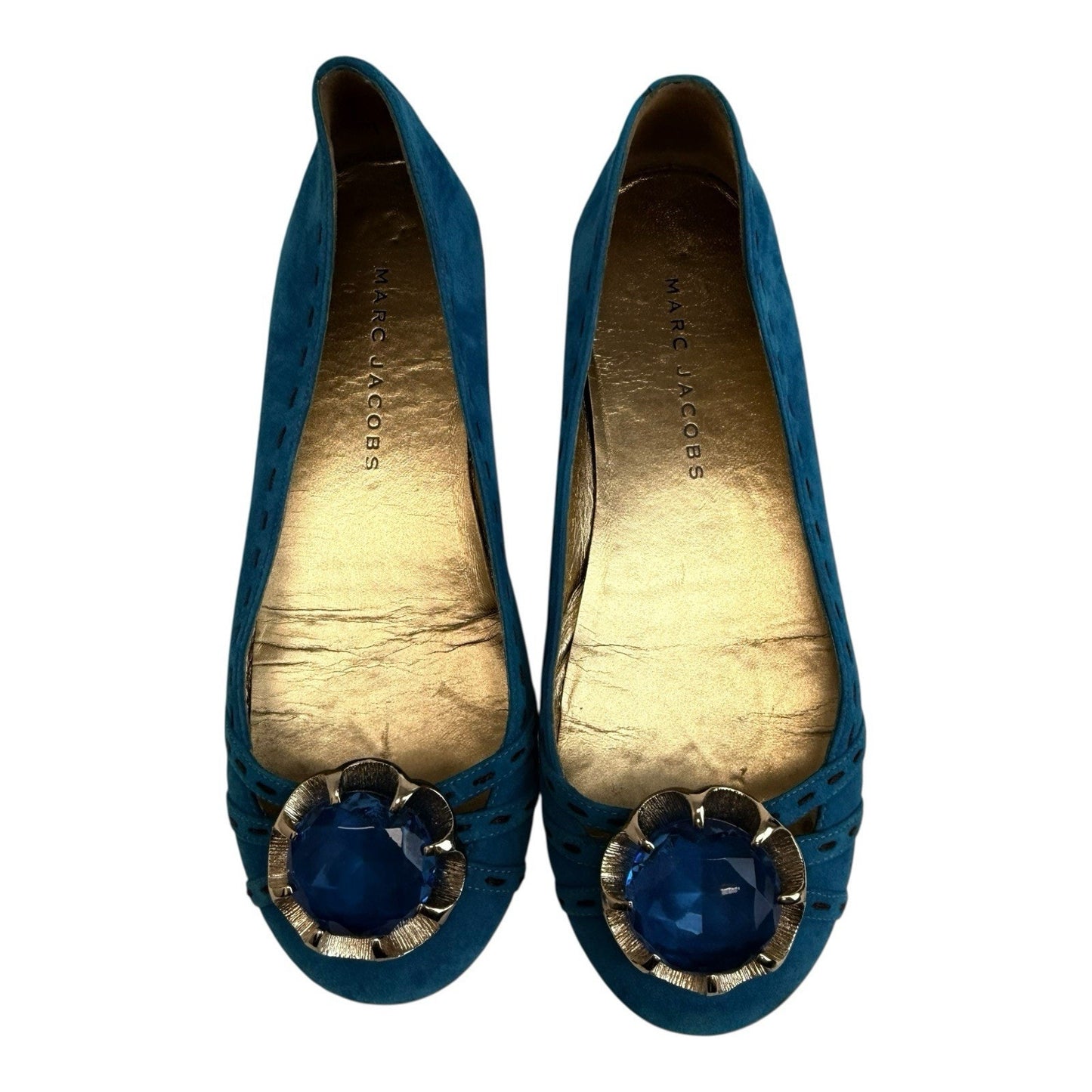 MARC JACOBS Suede Turquoise Jeweled Flats Women’s US 6B Boxed Large Blue Gem Toe Shoes