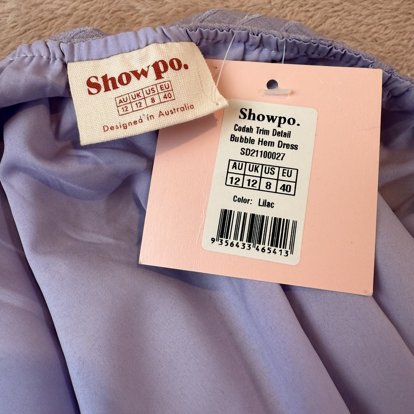 NEW Showpo. Women's Size 8 Lilac Lace Codah Trim Detail Bubble Hem Dress