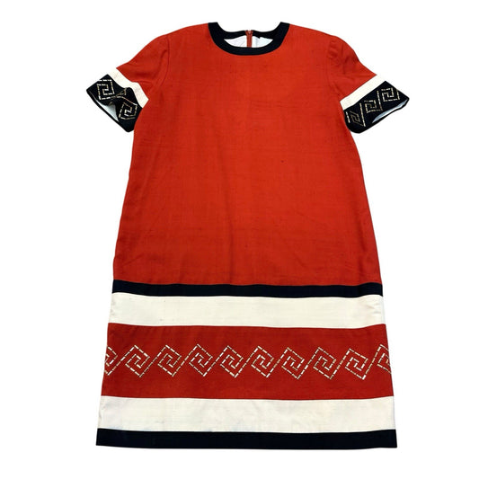 Vintage Steve Fabrikant Red Silk Shift Dress Greek Key USA Size 14 Women's