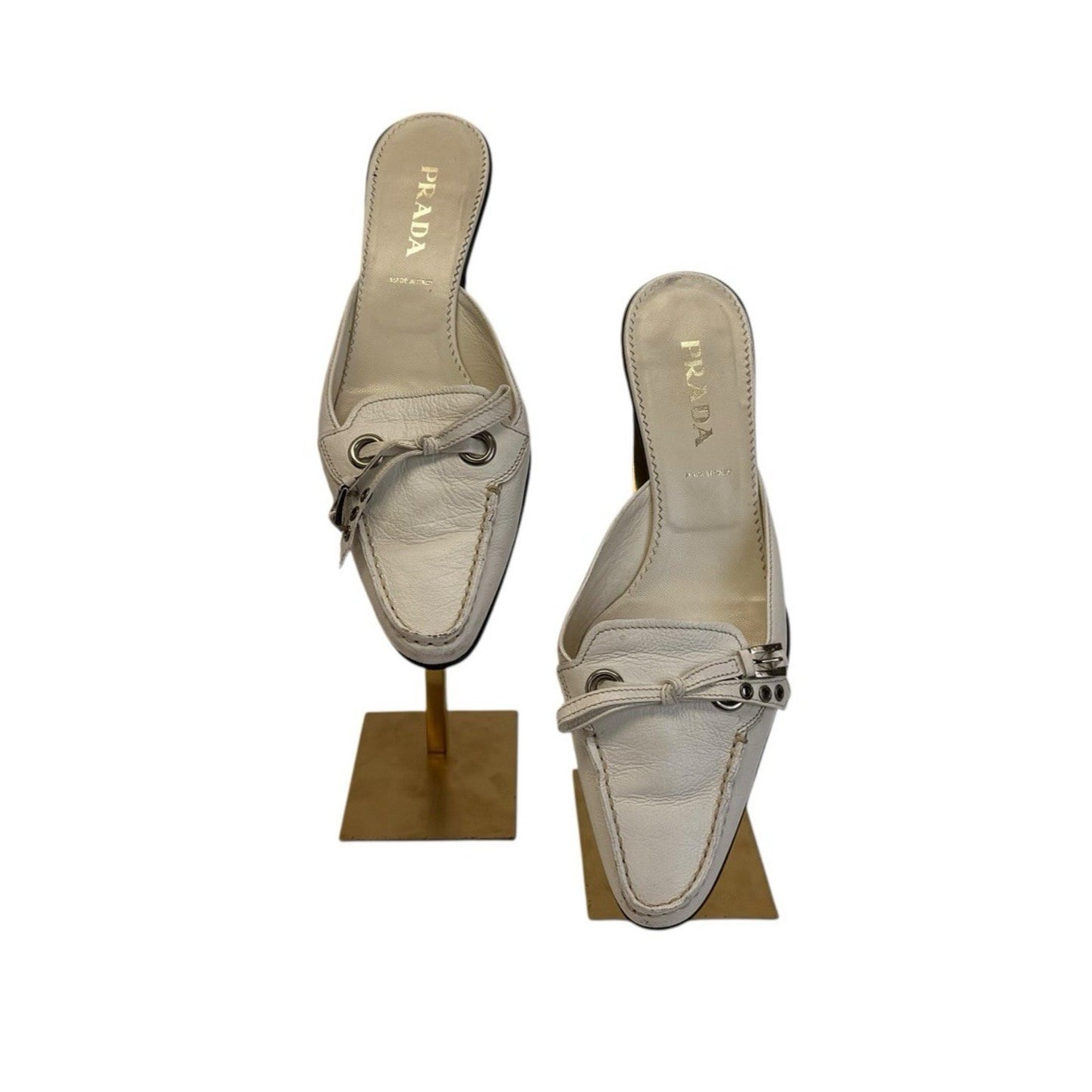 Prada Y2K White Leather Pointed Toe Mule Heels Sz 36.5 Italy Women's