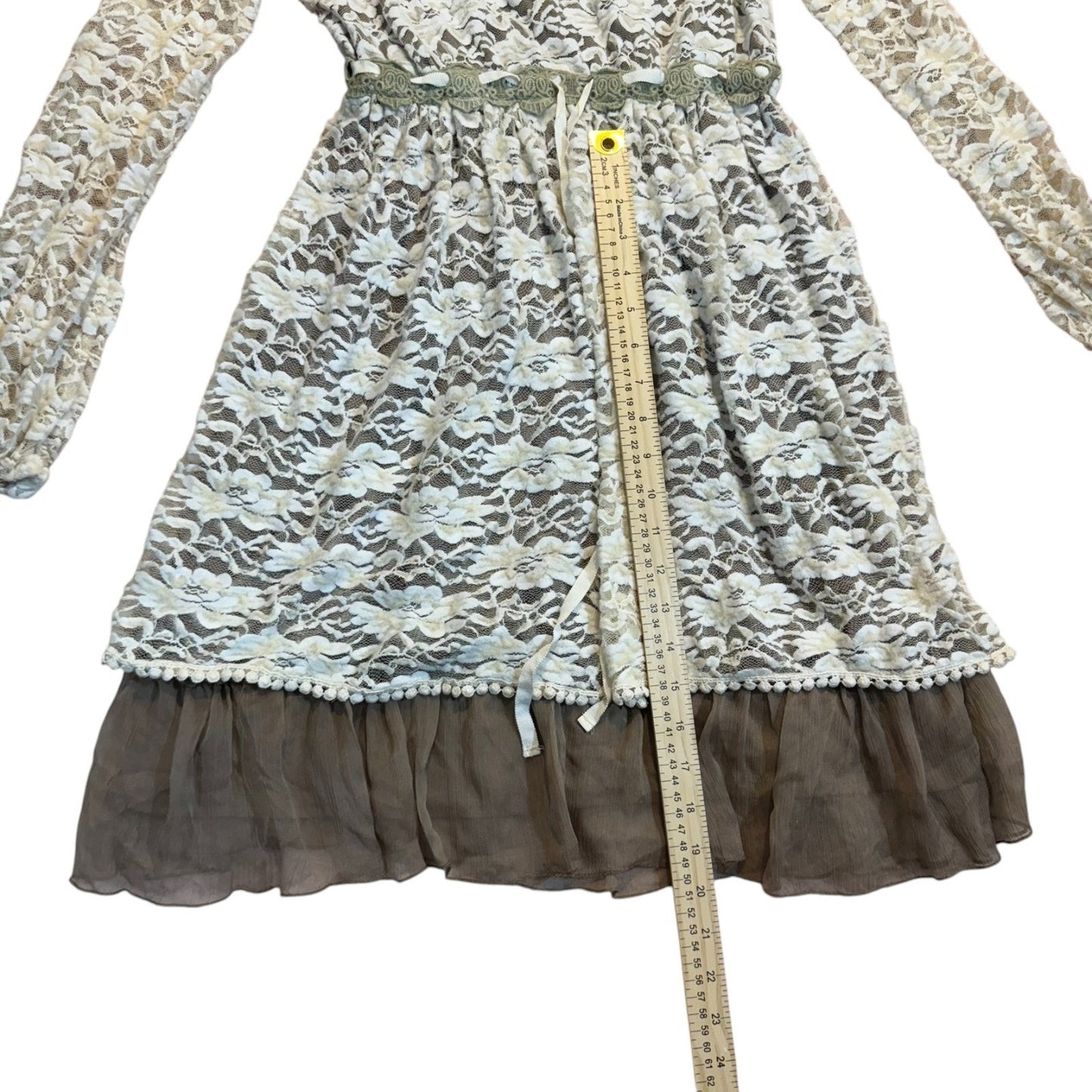 A'reve Women's Size Small Brown Beige Lace-Overlay Prairie Dress with Belt