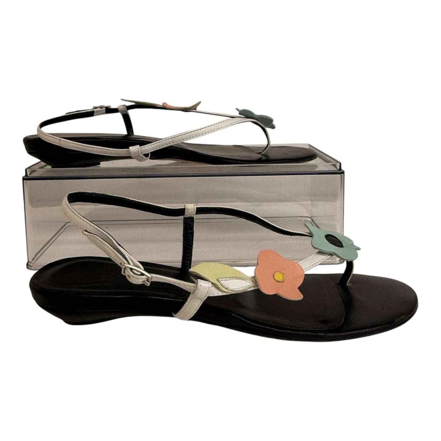 JOHN GALLIANO Black Leather Floral Shoes/Sandals EU 36 US 6 w/ Iconic Newspaper Box Women's