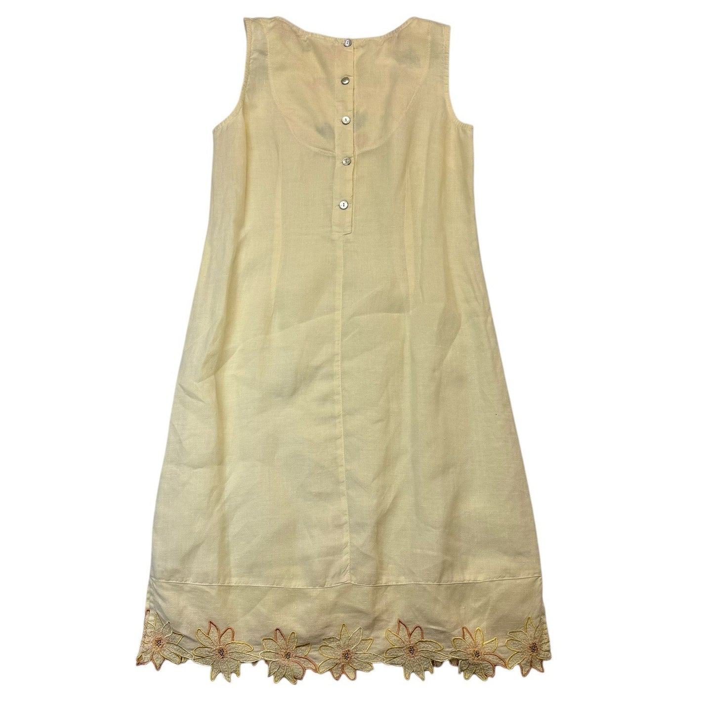 Y2K Pictures Pastel Yellow Linen Sleeveless Midi Dress Floral Hem M Women's
