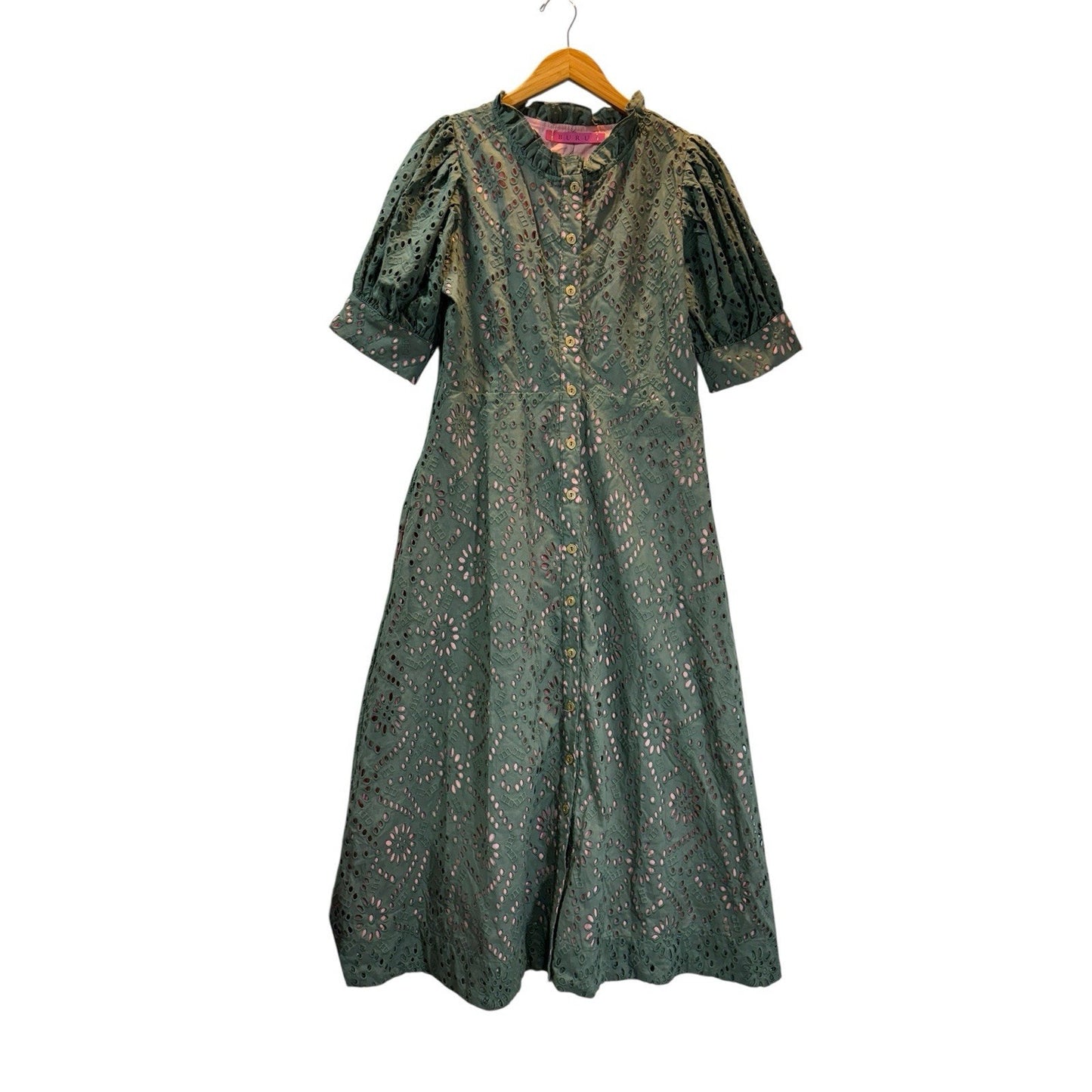 BURU Penny Day Gown Puff Sleeve Olive Eyelet Dress NWT Size Large MSRP $328 Women's