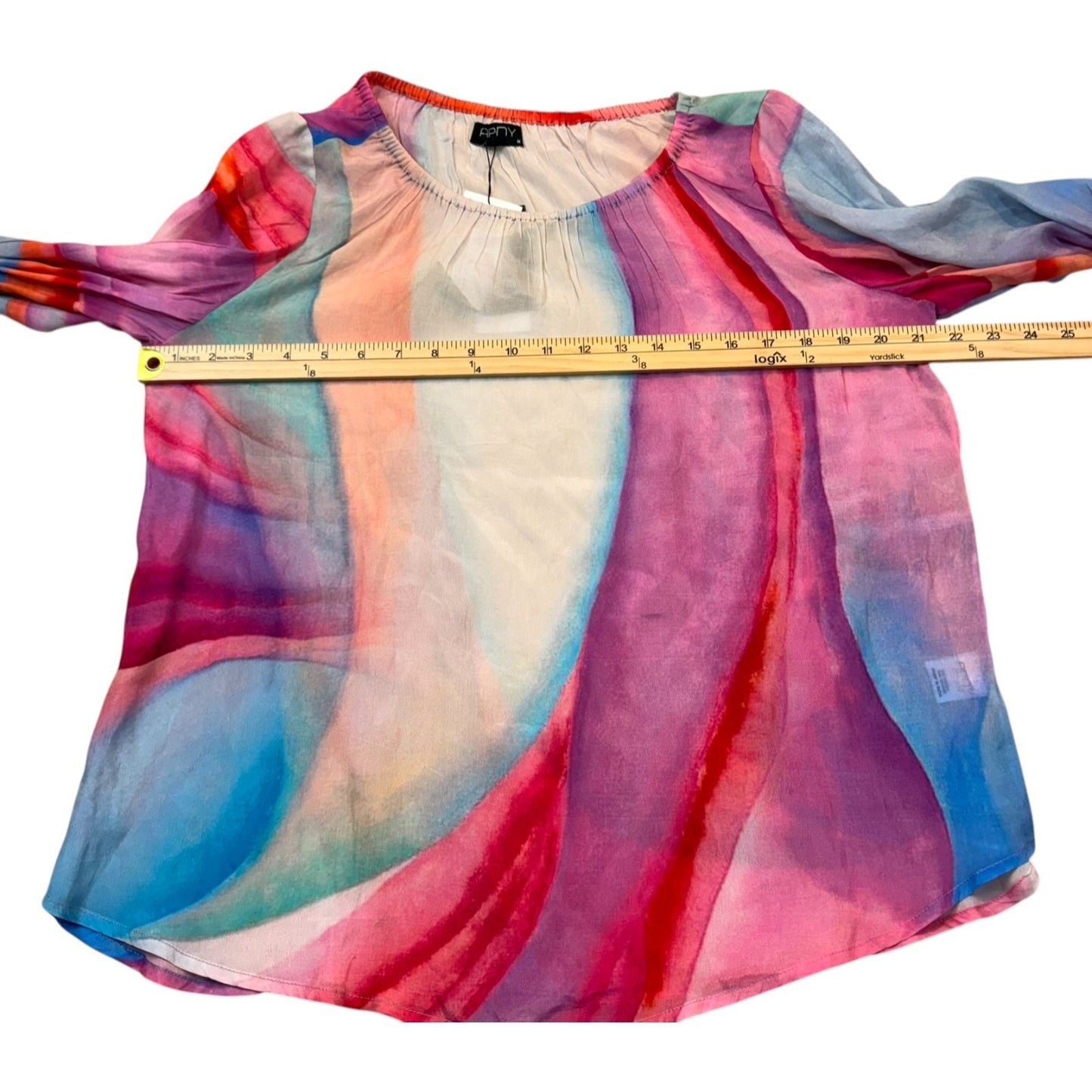 NEW APNY Women's Size Medium Multicolor Watercolor Print Puff-Sleeve Blouse