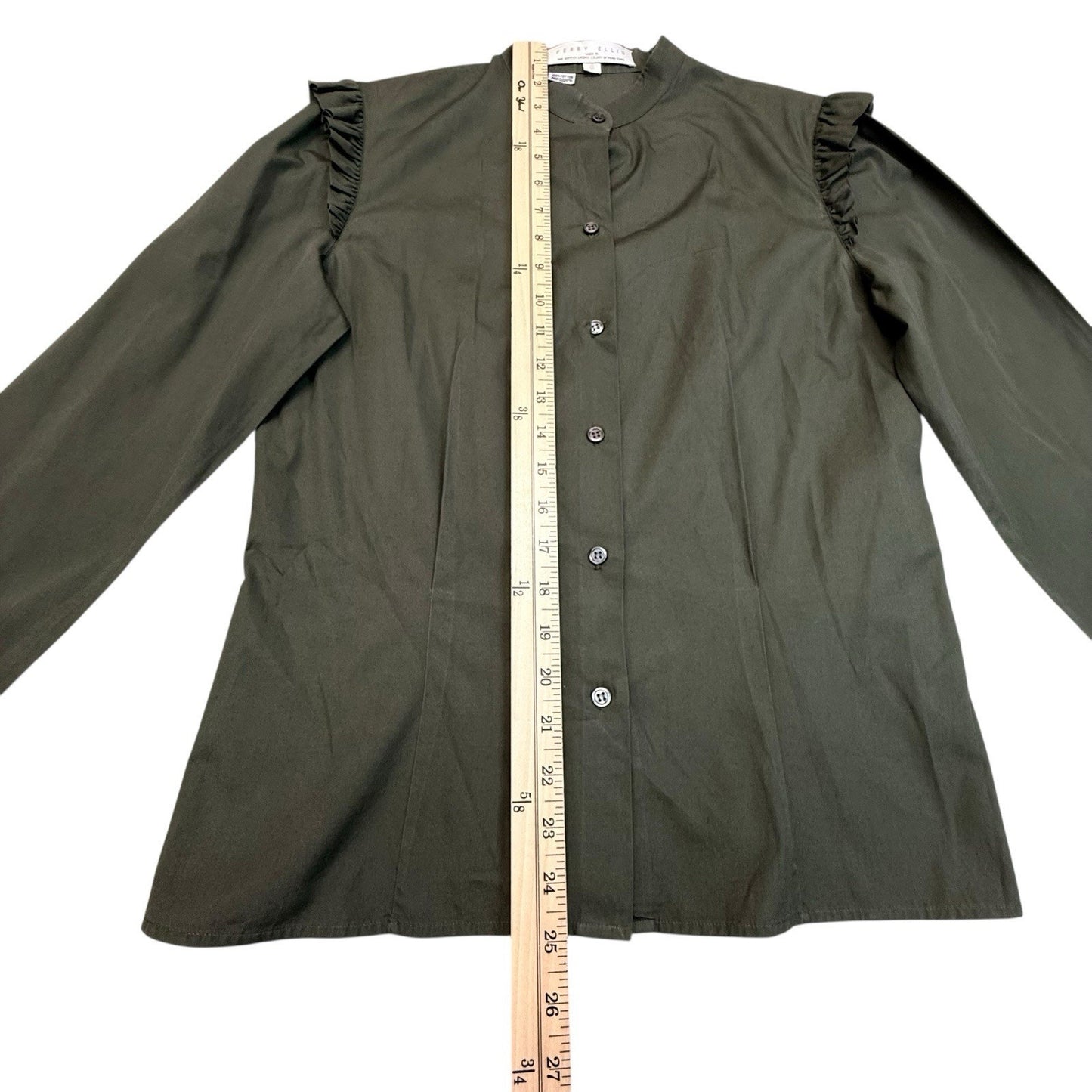 Vintage Perry Ellis Olive Green Ruffle Blouse Hong Kong Cotton Shirt Women's