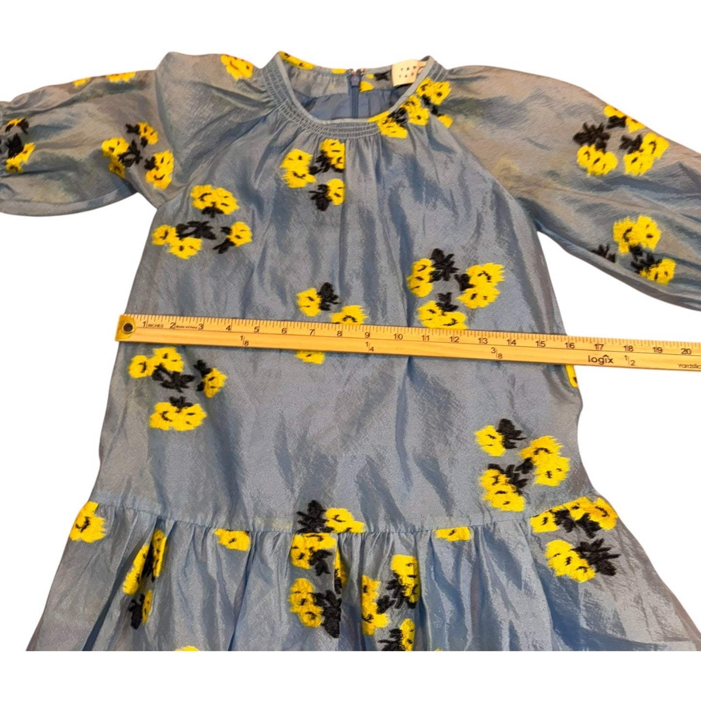 Girls Blue Chiffon Dress Size M Yellow Black Floral Lined Puff Sleeve NWT Women's