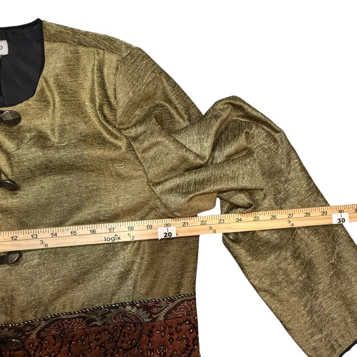 Stonebridge Gold Metallic Brocade Jacket Large Boho Paisley Trim Button Front Women's