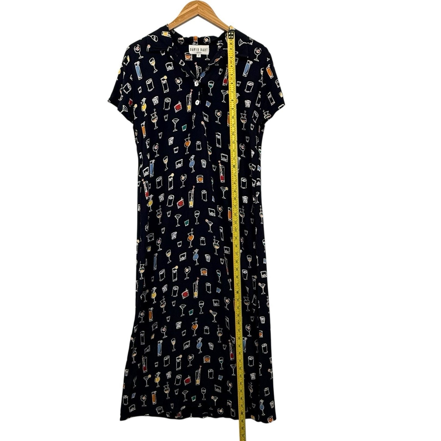 Vintage 90s David Dart Black Cocktail Print Maxi Dress XS Short Sleeve Women's