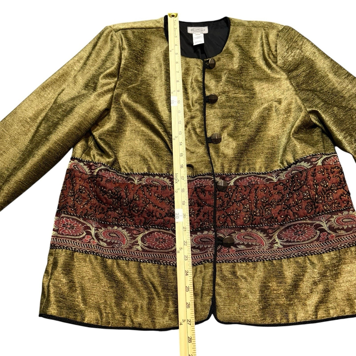 Stonebridge Gold Metallic Brocade Jacket Large Boho Paisley Trim Button Front Women's