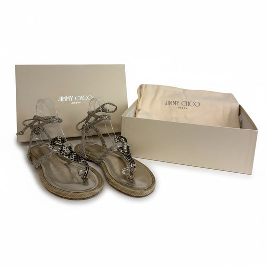 Jimmy Choo Pepin Elaphe Snakeskin Espadrille Lace Up Sandals 37 w/ Box Dustbag Women's Shoes