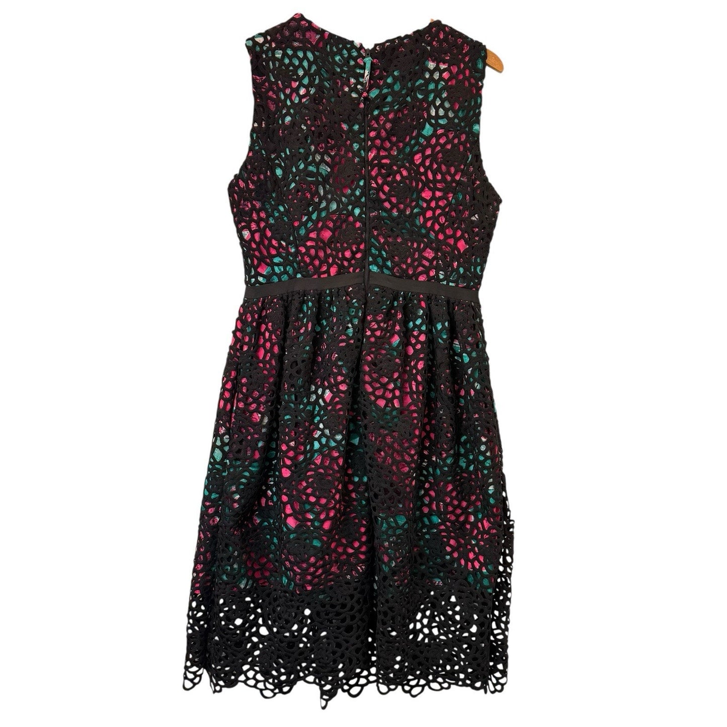 Wolven Lace Overlay Fit & Flare Dress Size 12 Black Pink Green Women's