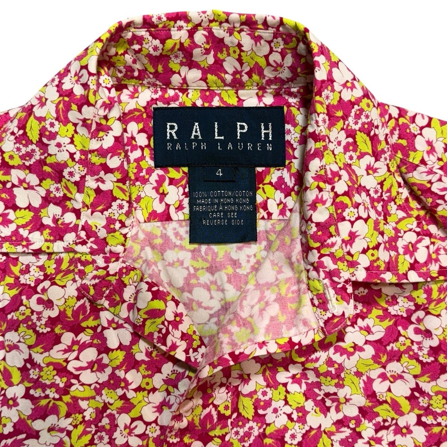 VTG Ralph Lauren Pink Chartreuse Floral Cotton Shirt Women’s Size 4 Button-Up
