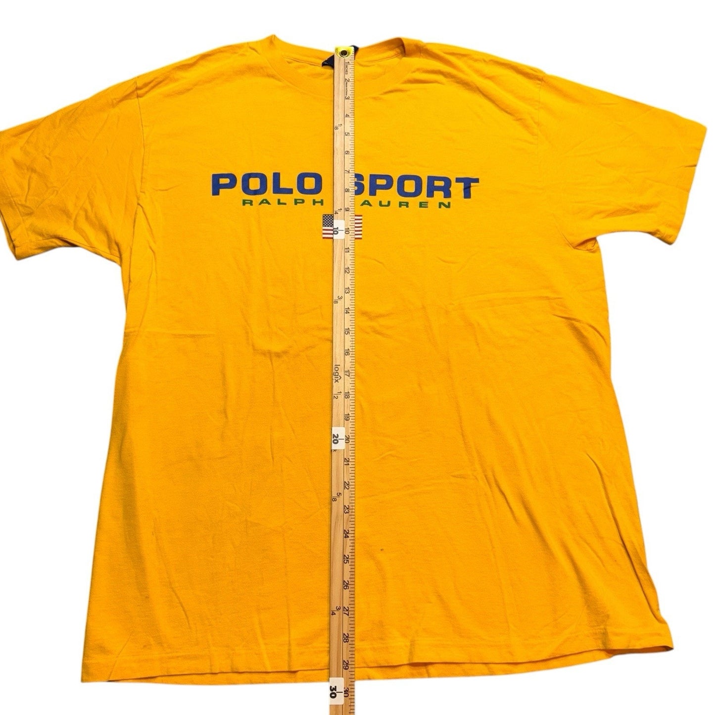 Vintage Polo Sport Ralph Lauren USA Flag T-Shirt Men’s Large Yellow 90s Made USA