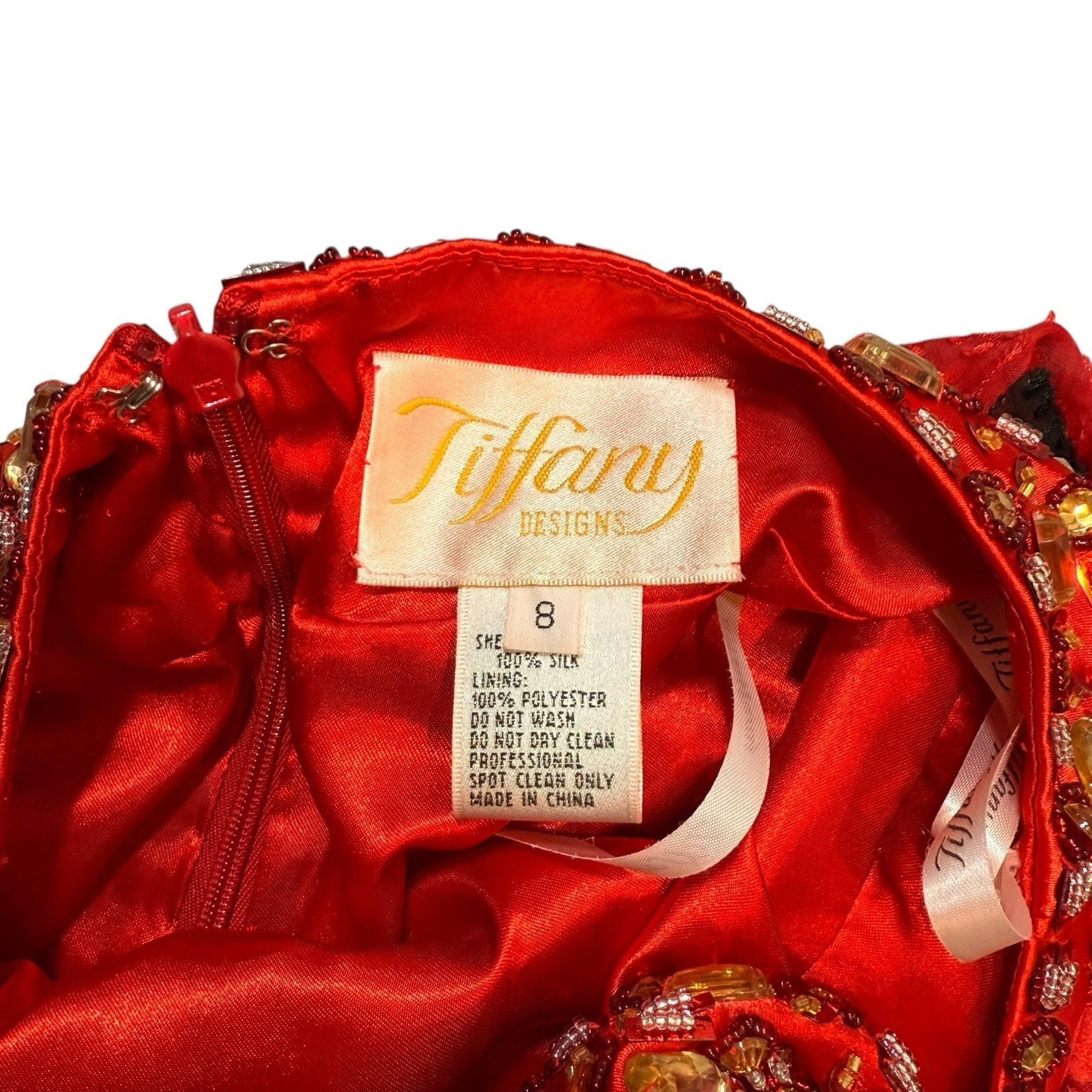 Tiffany Designs Women’s Sz 8 Red Polka Dot Beaded Formal Gown Open Strappy Back Dress