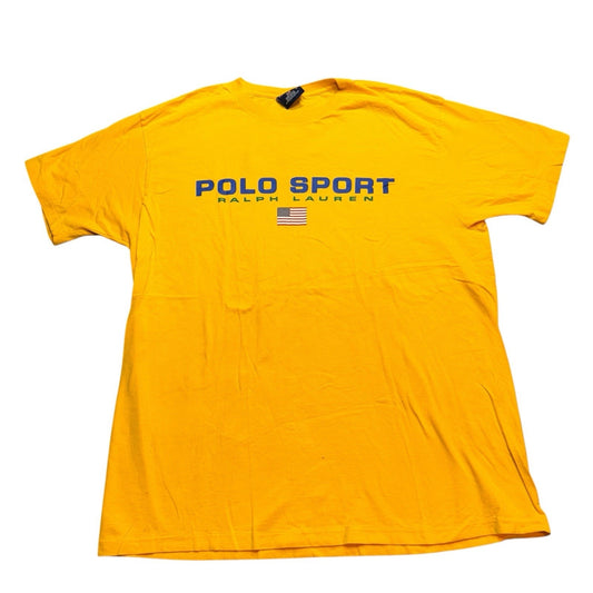Vintage Polo Sport Ralph Lauren USA Flag T-Shirt Men’s Large Yellow 90s Made USA