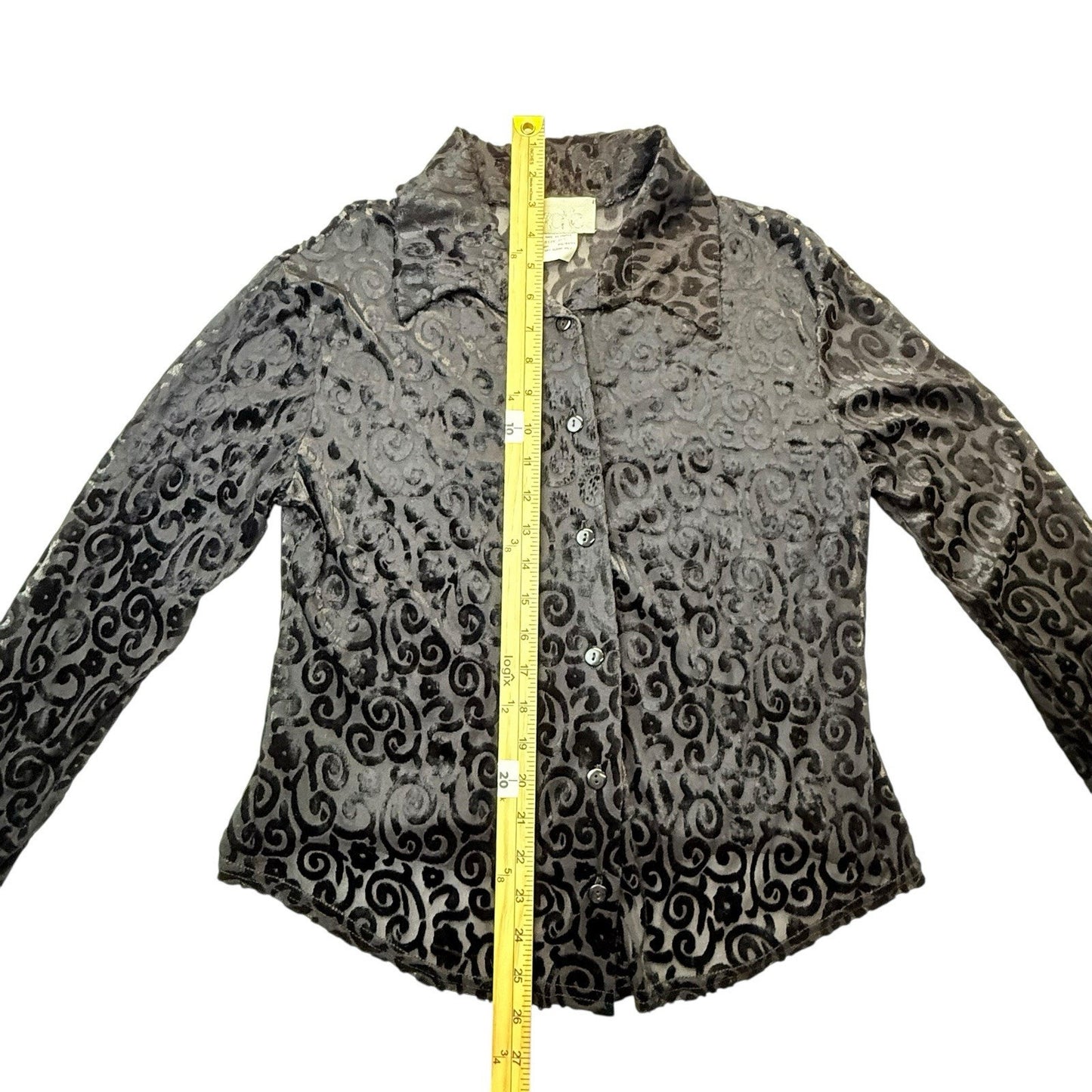 Cache Y2K Black Burnout Velvet Button Blouse Made France M Women's