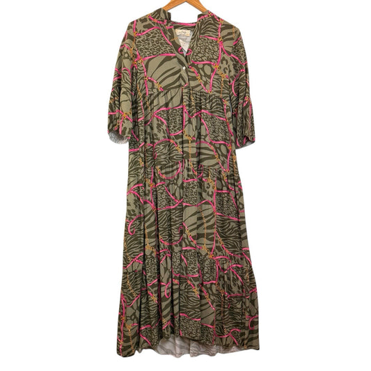 Vintage Italian Abstract Animal Print Maxi Dress Green Pink Long Sleeve M Women's