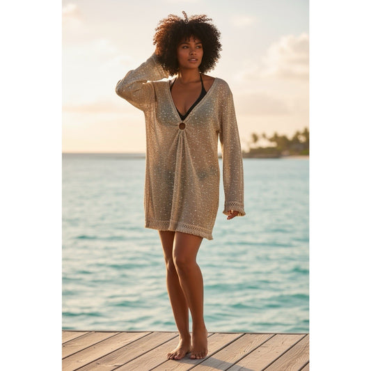 NWT Women’s House of Harlow 1960 Sequin Crochet Tunic Gold Metallic Knit Large Blouse