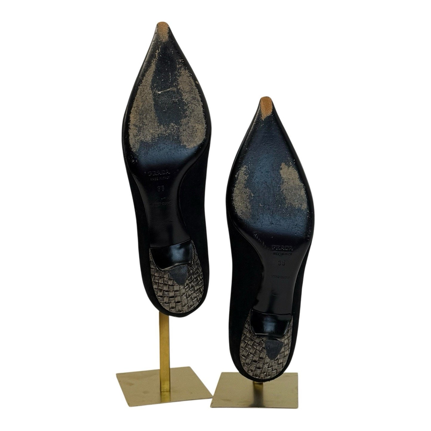 Prada Black Suede Pumps Size 35 Made in Italy Sculptural Heel/Shoes Women's Y2K US size 5