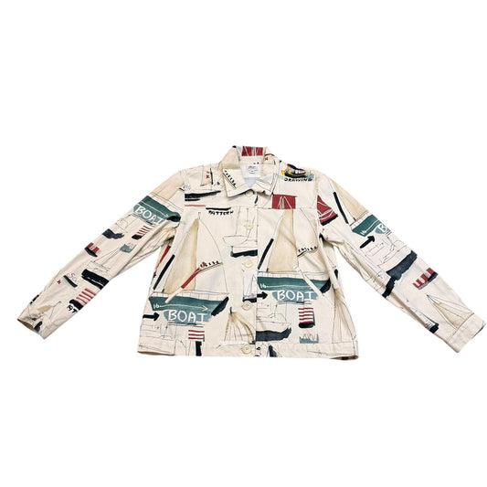 Vintage 90s Norm Thompson Nautical Print Jacket Boat Sailing Cotton Sz M Women's