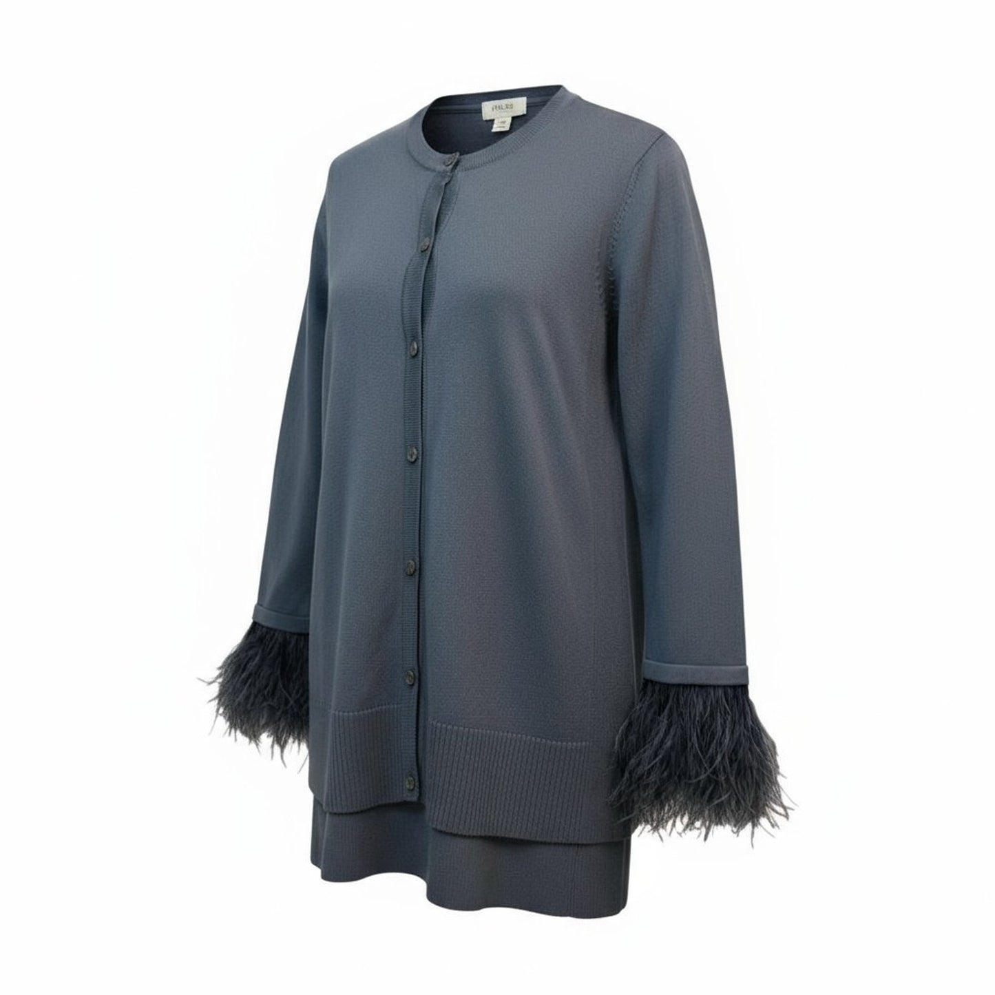 Per Se by Carlisle Silk Blend Cardigan Sweater XS Blue Gray Feather Cuff Trim Women's