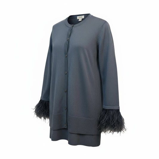 Per Se by Carlisle Silk Blend Cardigan Sweater XS Blue Gray Feather Cuff Trim Women's