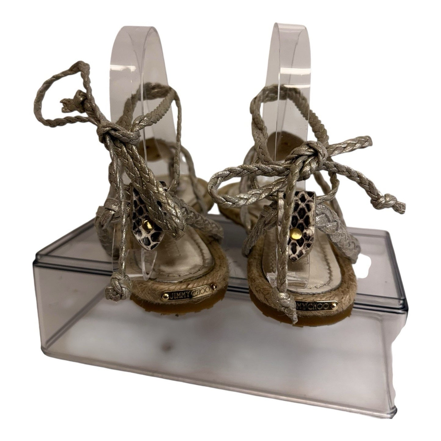 Jimmy Choo Pepin Elaphe Snakeskin Espadrille Lace Up Sandals 37 w/ Box Dustbag Women's Shoes