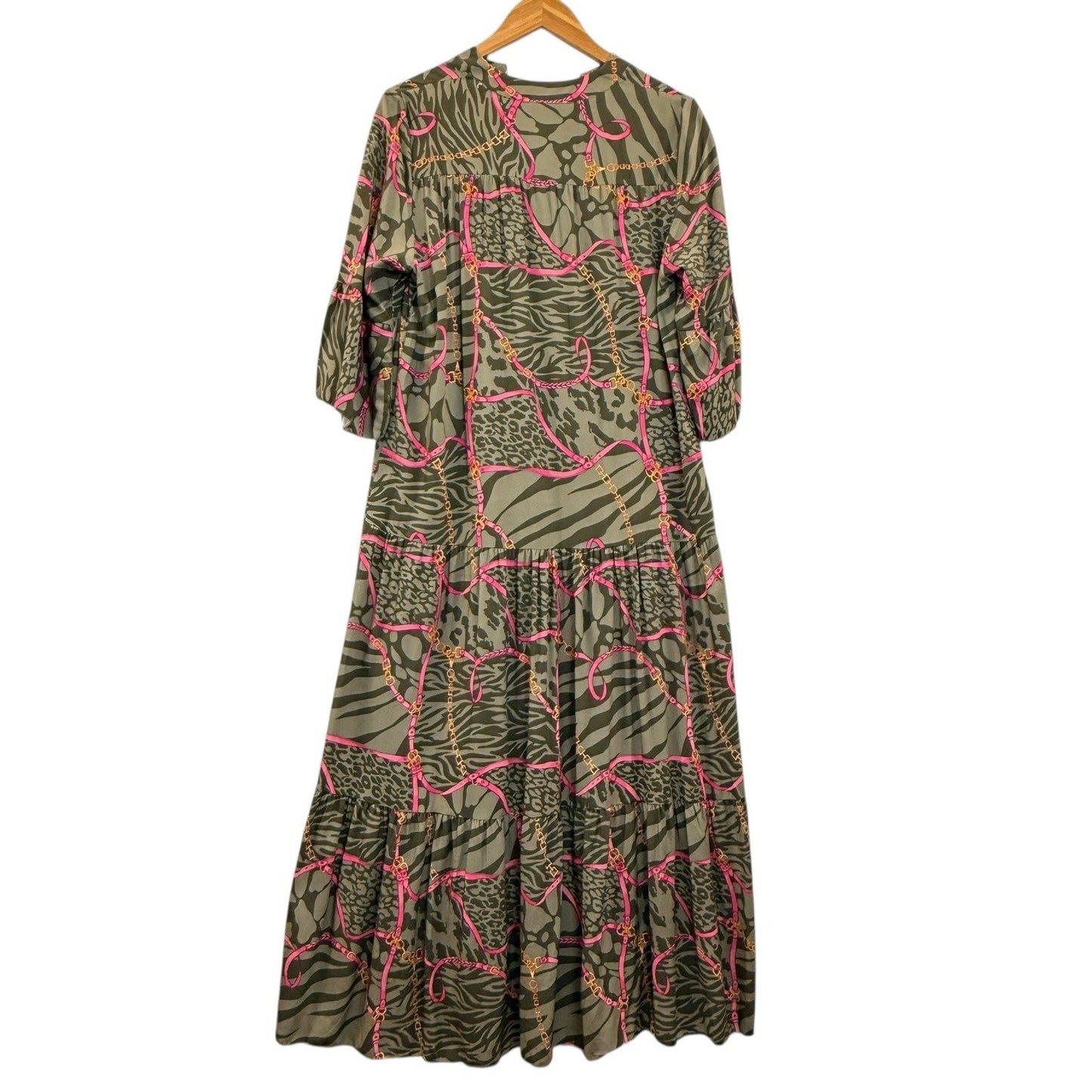 Vintage Italian Abstract Animal Print Maxi Dress Green Pink Long Sleeve M Women's