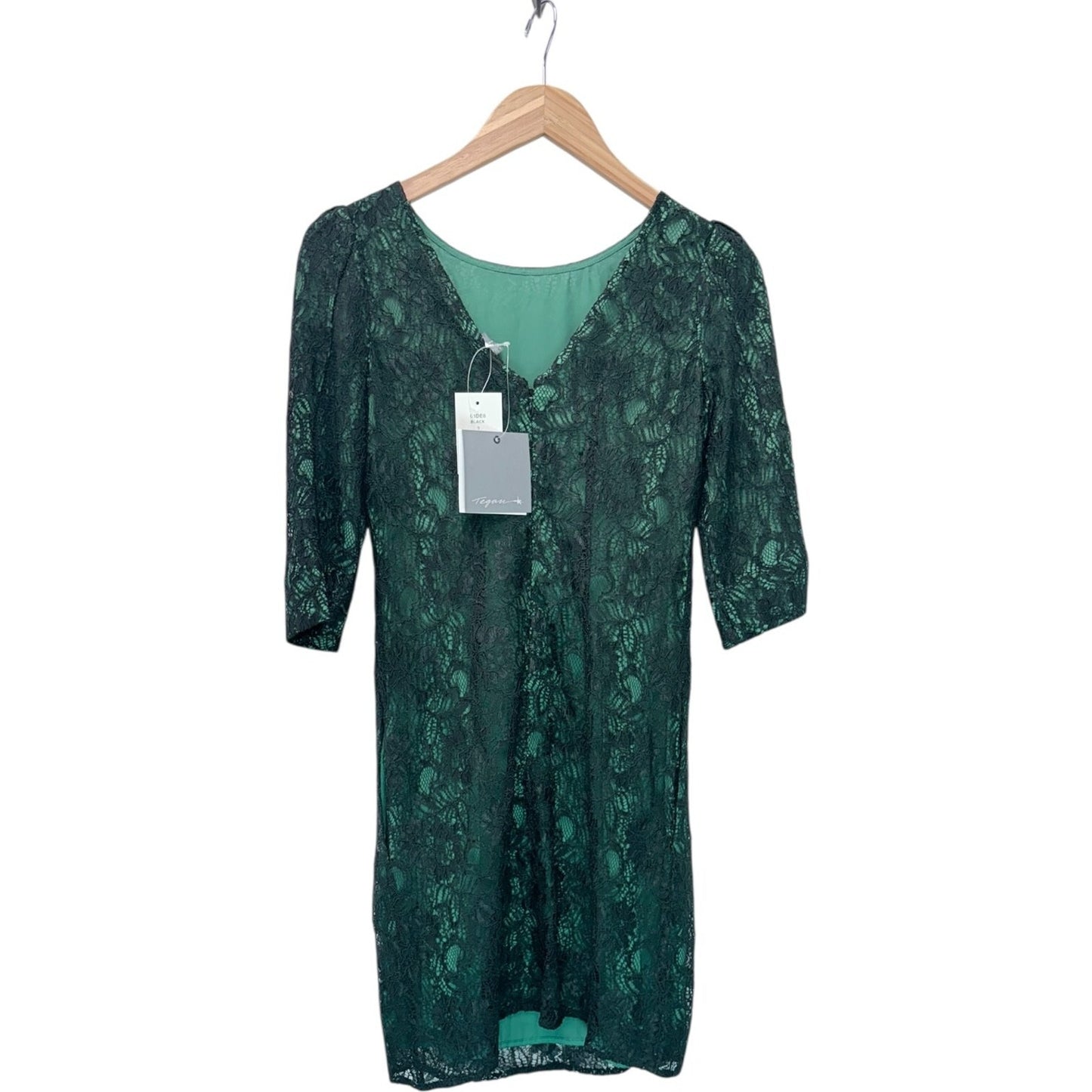 Tegan Women's Green With Black Overlay Lace Dress 3/4 Sleeve Elegant Size 0 XS