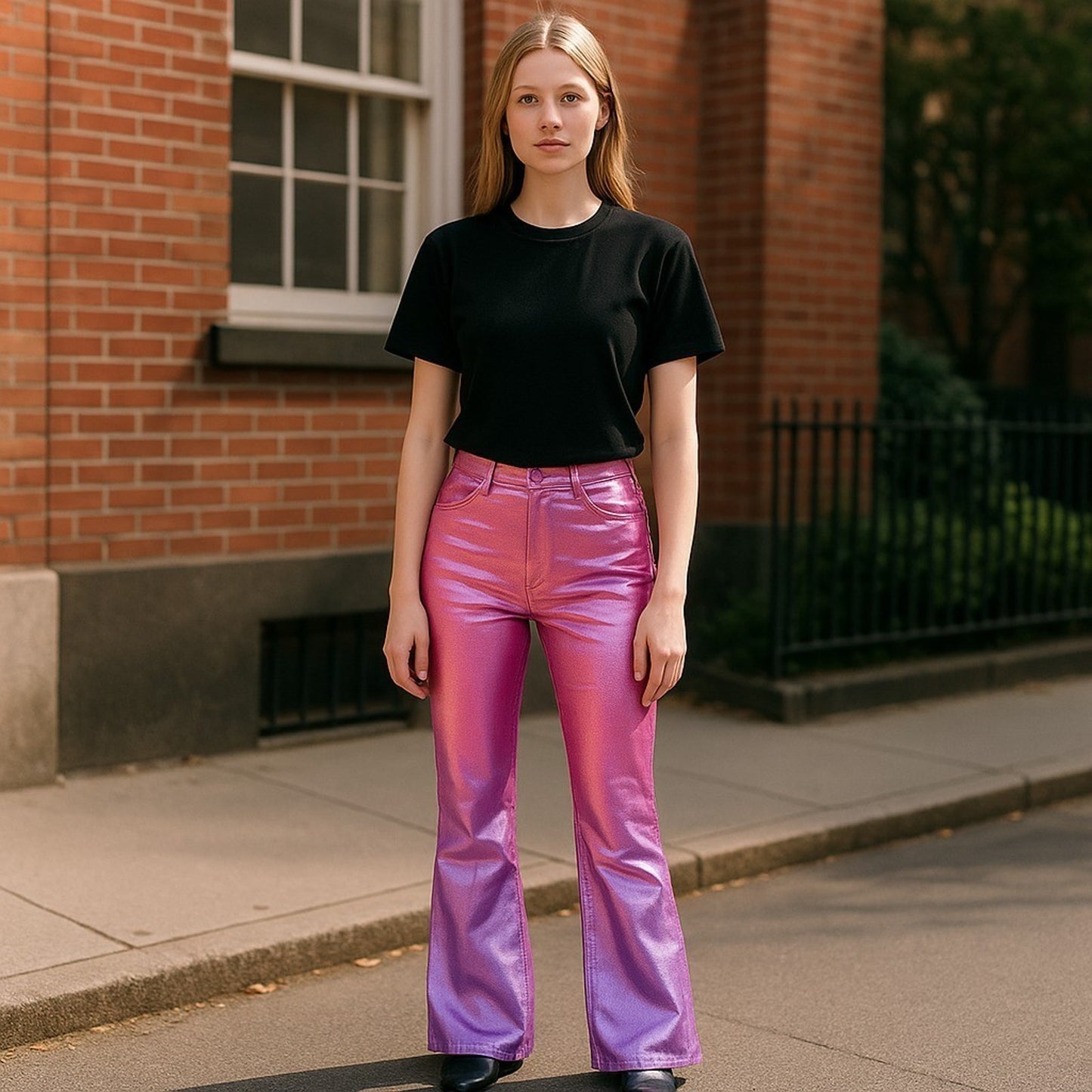 New A.Z.I Women's Size 4 Purple Metallic Glossy Gradient Ombre Flared Pants