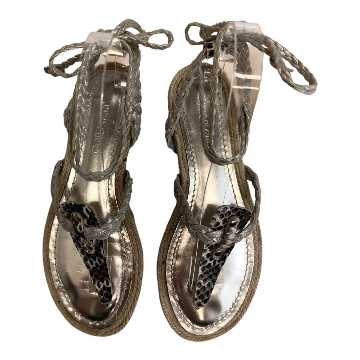 Jimmy Choo Pepin Elaphe Snakeskin Espadrille Lace Up Sandals 37 w/ Box Dustbag Women's Shoes