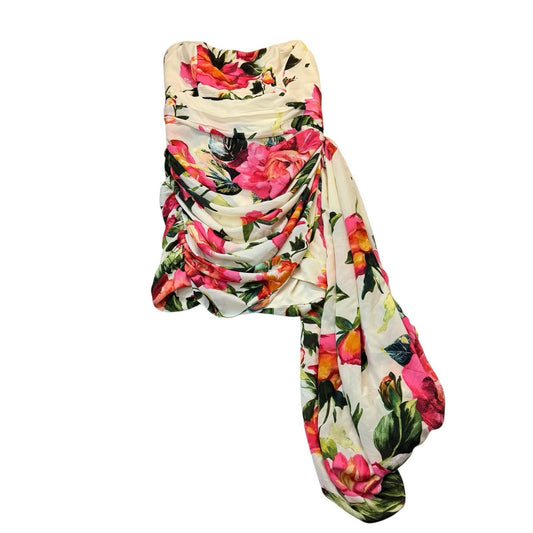 LUXXEL Floral One Shoulder Dress L Ivory Ruched Asymmetrical NWT Women's