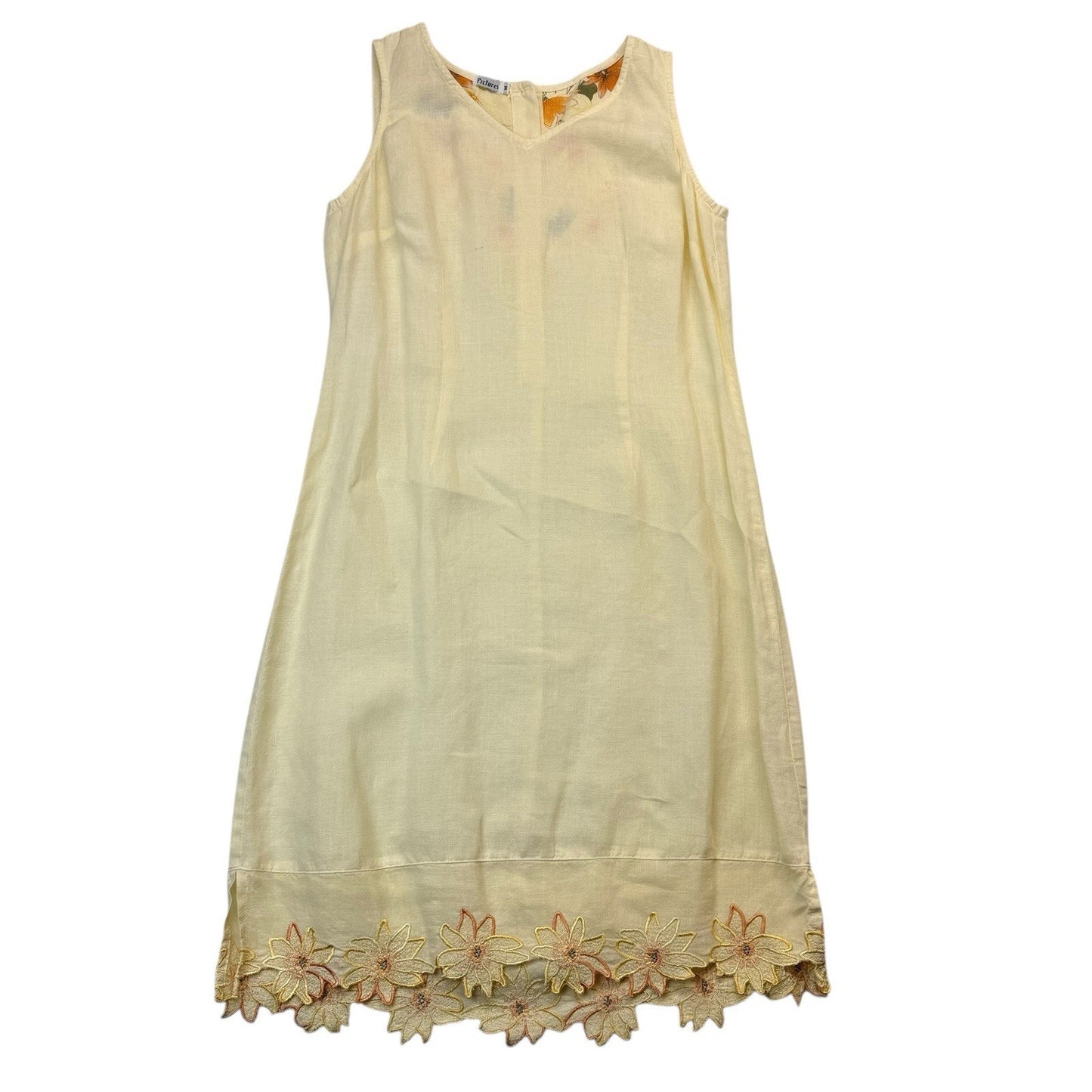 Y2K Pictures Pastel Yellow Linen Sleeveless Midi Dress Floral Hem M Women's