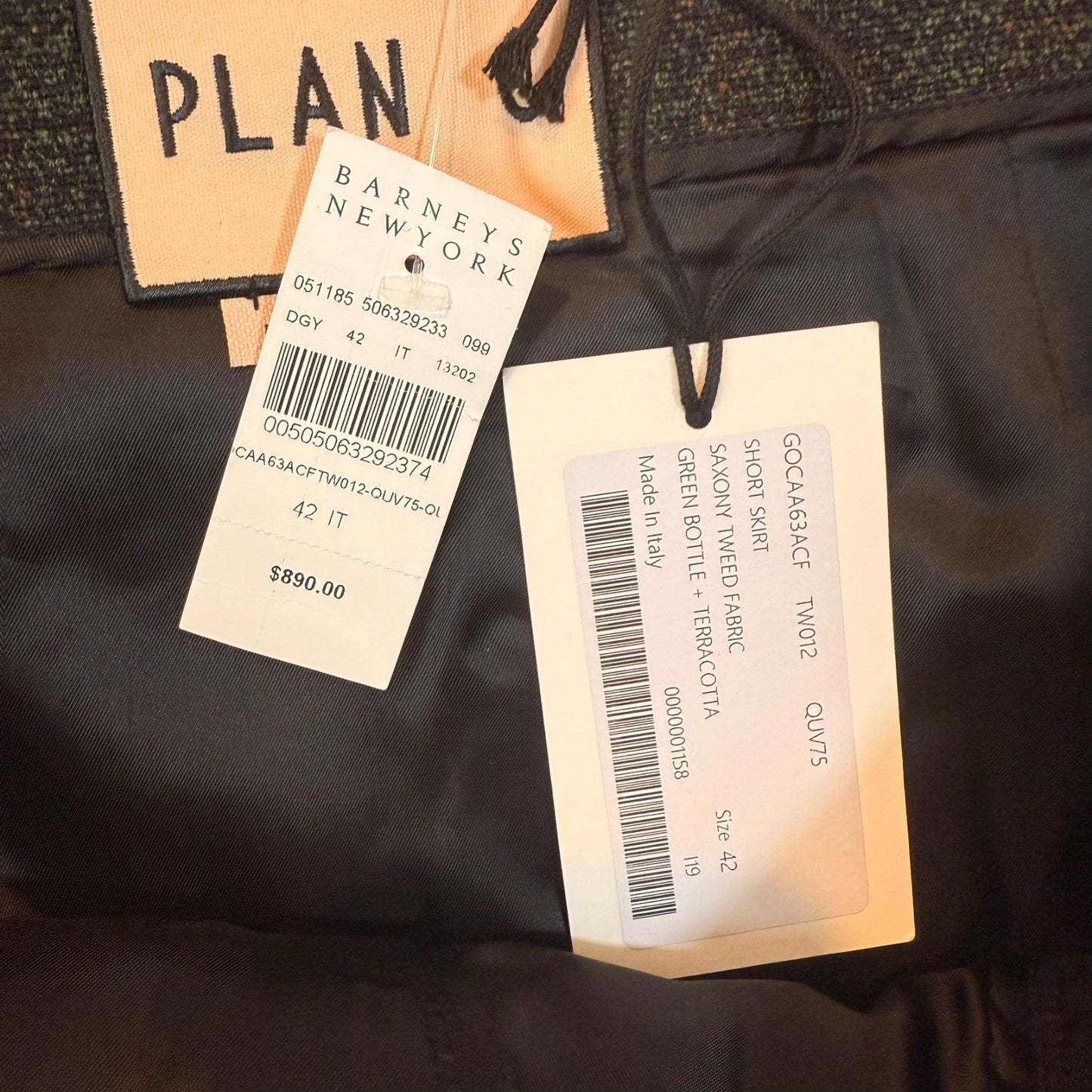 PLAN C Wool Blend Plaid Skirt Size 10 NWT Barneys New York Green Tweed 32” Waist Women's