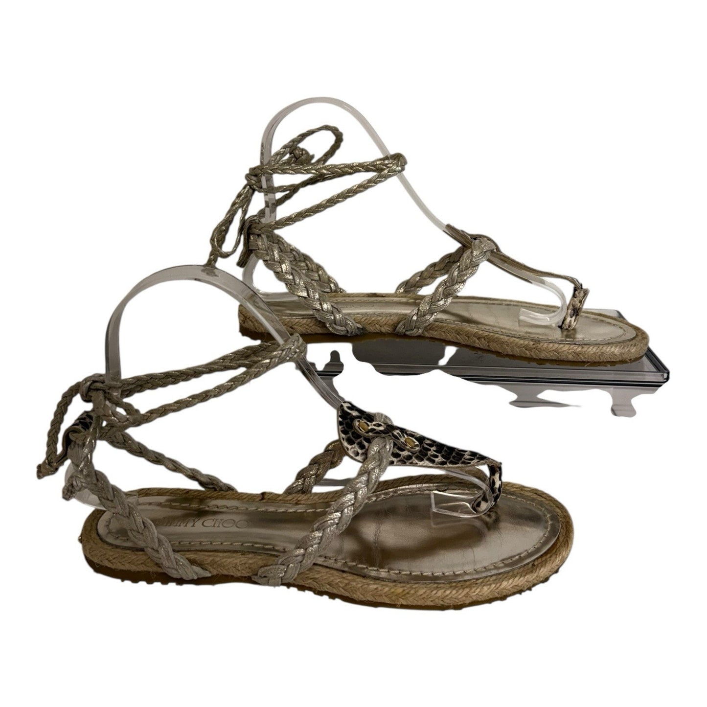 Jimmy Choo Pepin Elaphe Snakeskin Espadrille Lace Up Sandals 37 w/ Box Dustbag Women's Shoes