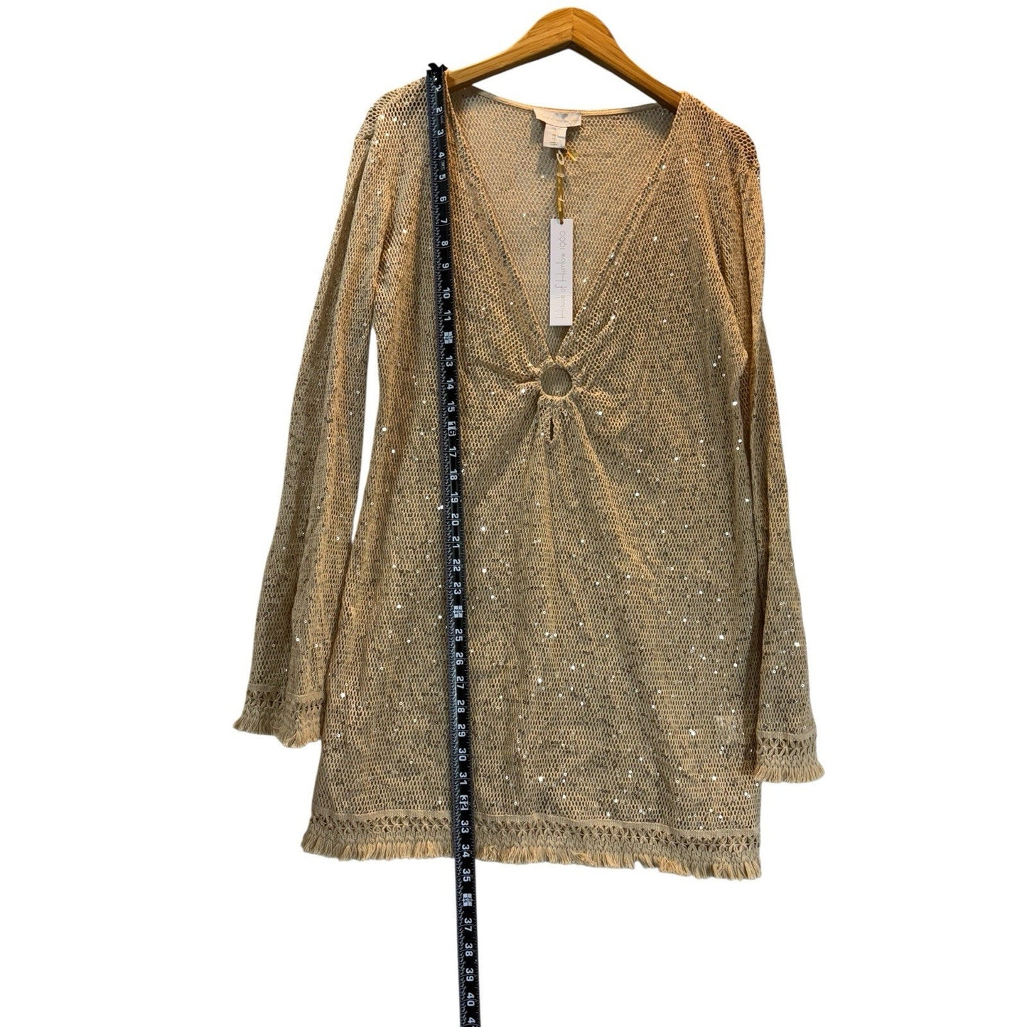NWT Women’s House of Harlow 1960 Sequin Crochet Tunic Gold Metallic Knit Large Blouse