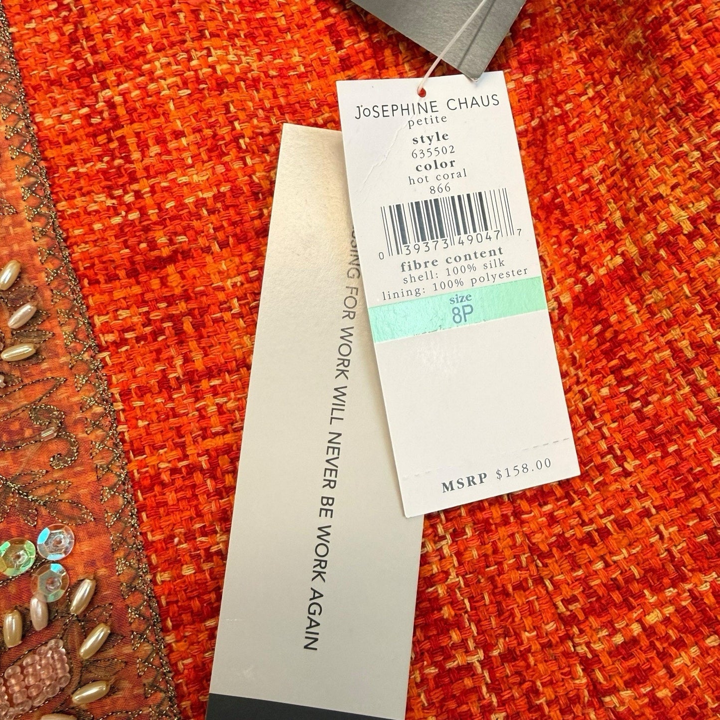 Josephine Chaus Petite 8P Orange Tweed Skirt Suit Embroidered Jacket Set Women's