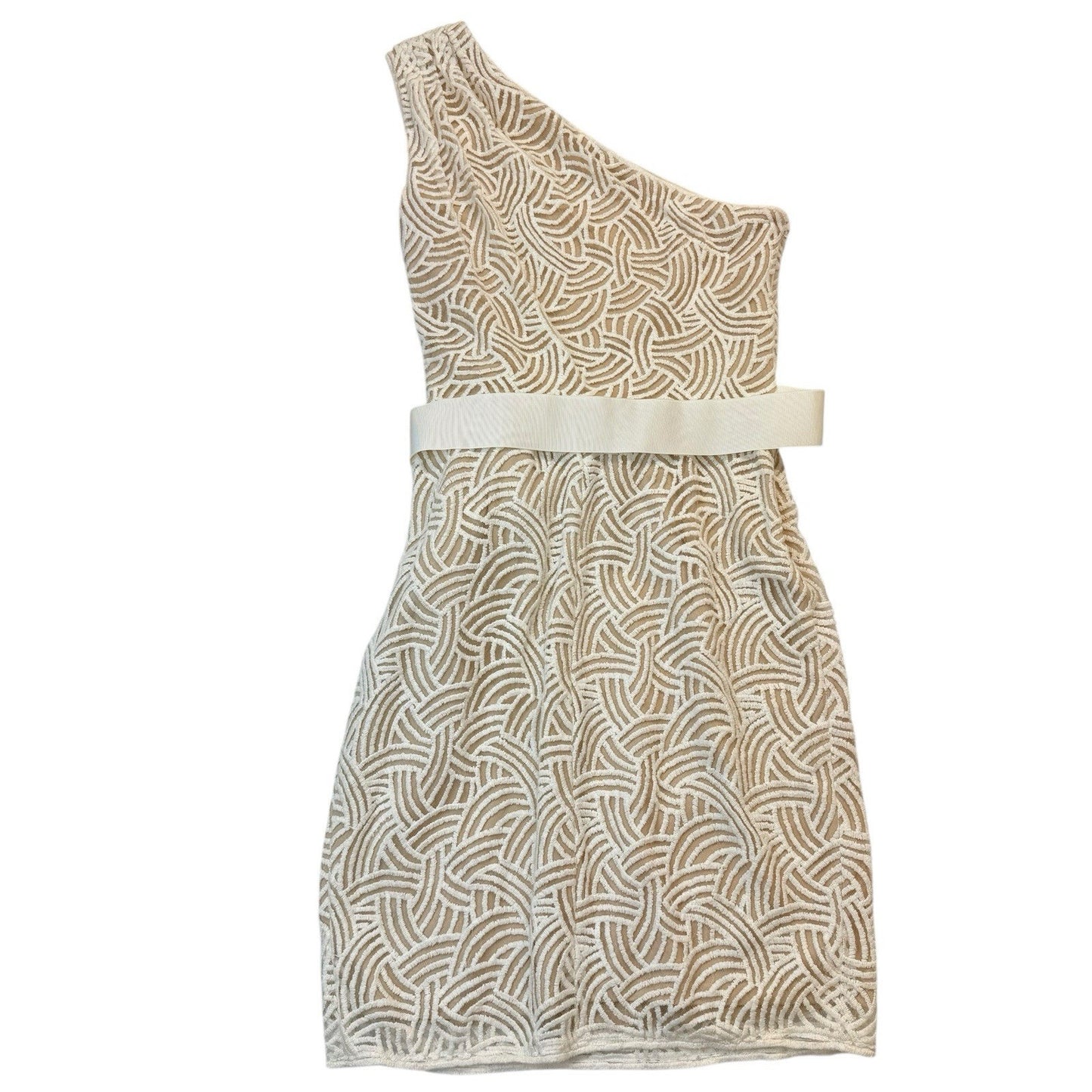 Tadashi Shoji One Shoulder Cocktail Dress Size 6 Ivory Beige Sash Formal USA Women's