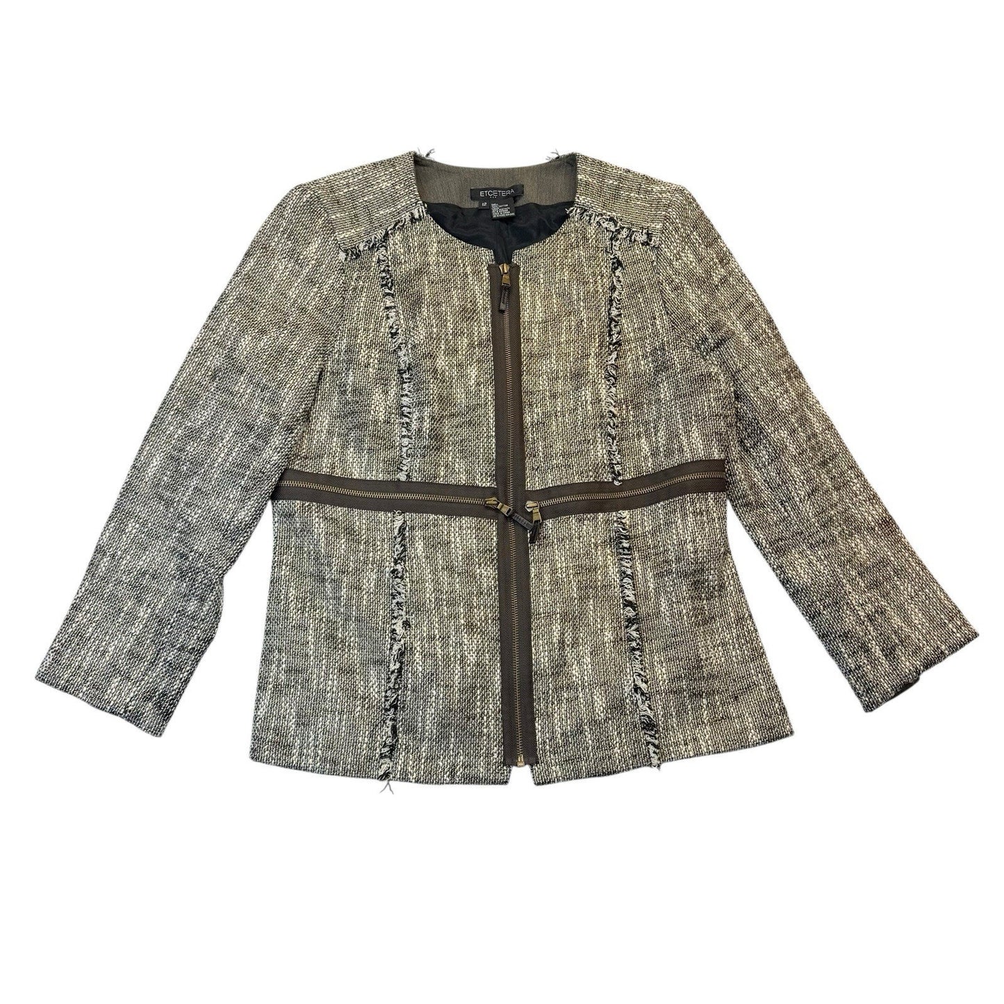Etcetera Tweed Zip Jacket Size 12 Brown Trim Blazer Women's