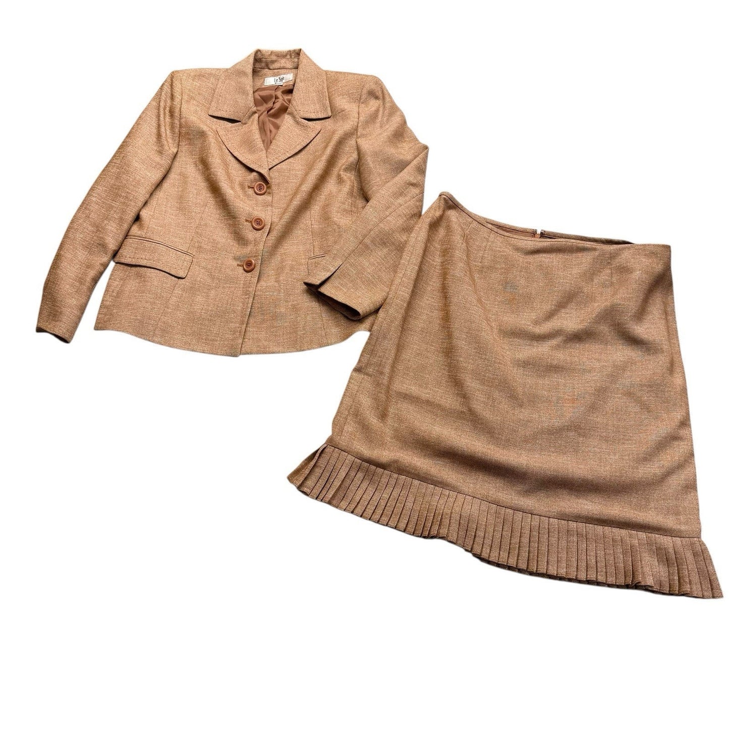 Le Suit Women's 16P Petite Tan 2 Piece Skirt Suit Blazer A Line Career
