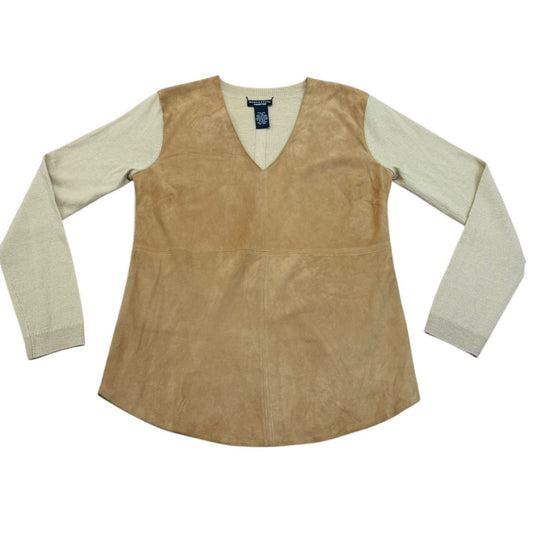 Vintage Doncaster Leather Wool Top Women’s Small V-Neck Long Sleeve Blouse